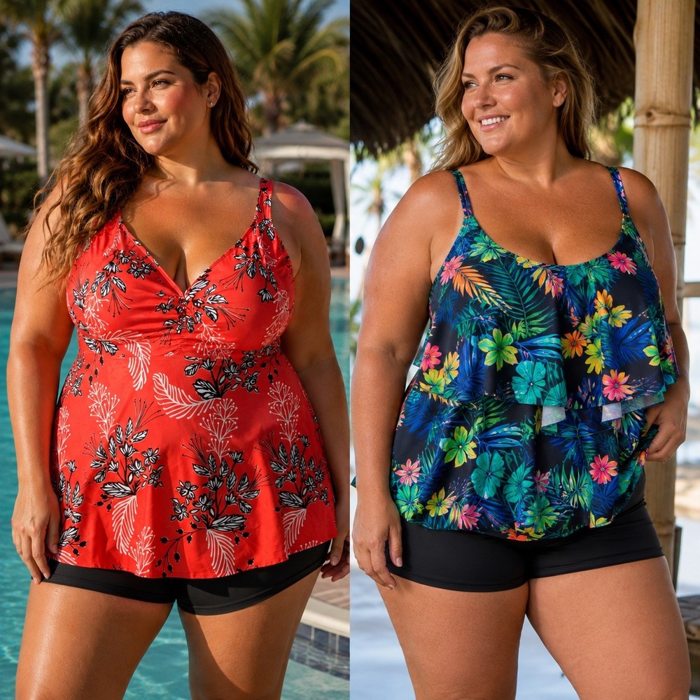 2 Pack Plus Size 22W Tankini Swim Tops Tropical Floral Ruffle Swimdress